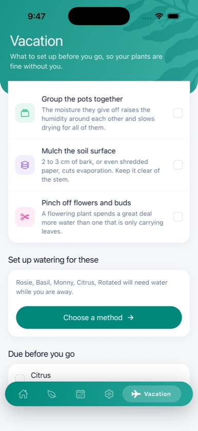 Vacation mode in the Planta app